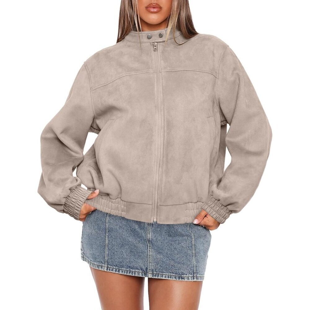 Women Suede Apricot Faux Leather Oversized Motorcycle Bomber Jacket Fall Fashion
